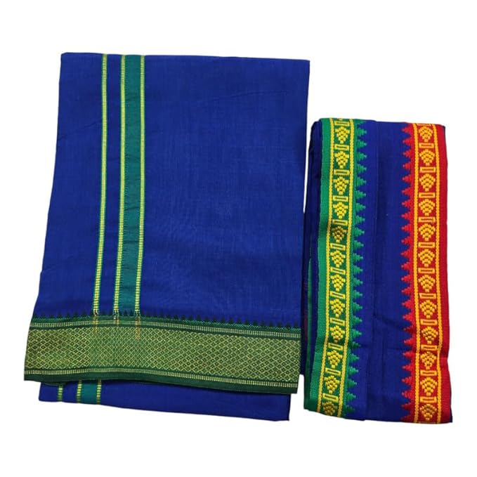 Men's Pure Cotton Colorful Single Dhoti - 2 MTR | SPL Padayappa (Mayilkan) Jari Border Single Dhoti | 4 Mulam Angavastam | Towel Set