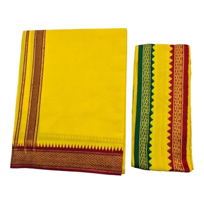 Men's Pure Cotton Colorful Single Dhoti - 2 MTR | SPL Padayappa (Mayilkan) Jari Border Single Dhoti | 4 Mulam Angavastam | Towel Set