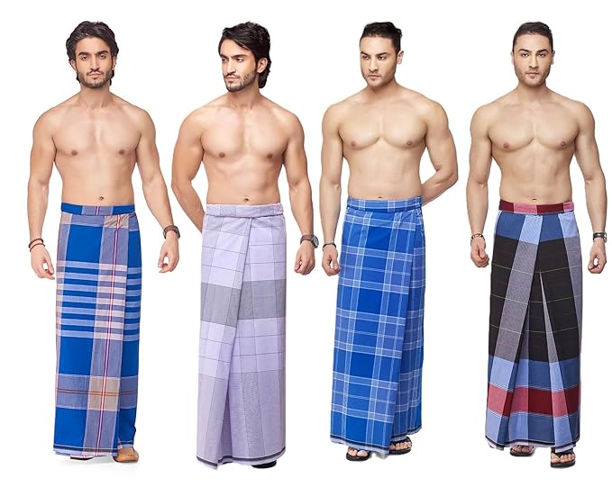 Nandu  Brand Men's Cotton Stitched Lungi - Ready to wear (Pattern & Design May Vary, Multicolour, Free Size (2.10Mtrs)) Premium Wear (PACK 4)