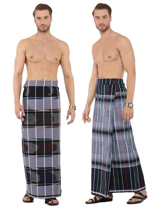 Nandu  Brand Lungi - Pack of 2# Stitched Lungi Ready to wear # Design May Vary # Multicolour # Free Size # 2.10Mtr #