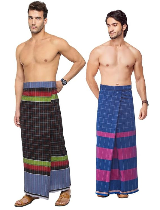 Nandu  Brand Men's Cotton Stitched Lungi - Ready to wear (Pattern & Design May Vary, Multicolour, Free Size (2.10Mtrs)) Premium Wear