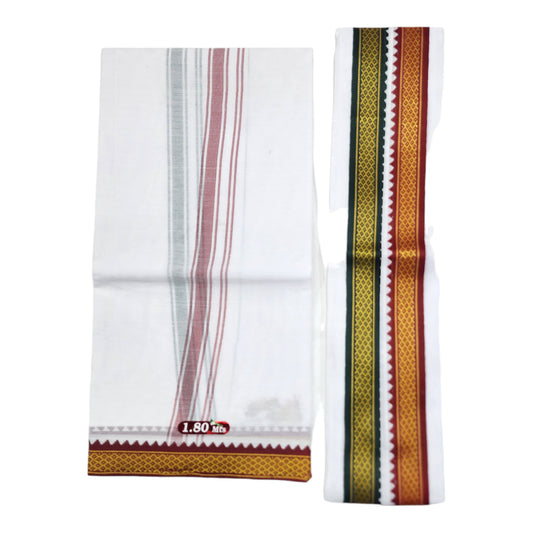 Dhoties Men's Traditional Poly Cotton Mayilkann Ganga Jamuna Bleached White Dhoti Size 1.80Mtrs & 4 Mulam / 2Mtrs With Separate Angavastram