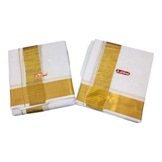 100% Pure Cotton Bleached White Dhoti With Cotton Big Gold Zari Border (3.6 Mtr (Pack of 2pcs)