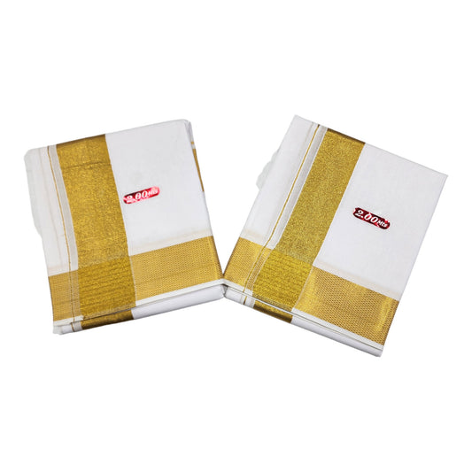 Mens 100% Pure Cotton Bleached White Dhoti With Cotton Big Gold Zari Border(2 PCs Combo)