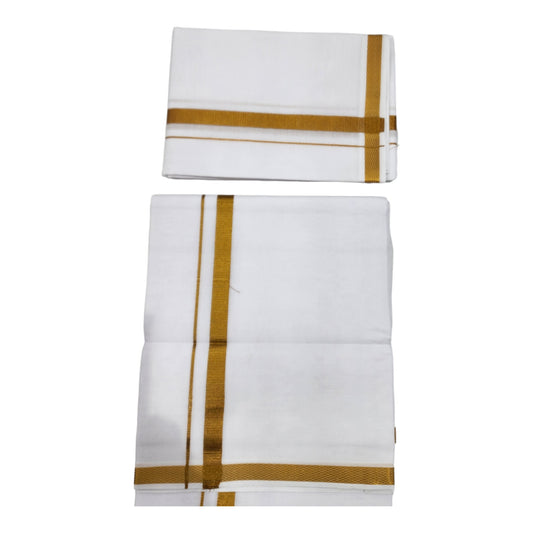 Mens Single Pure Cotton Dhoti 2 Mts White with Gold Jari Border 1/2 & Towel 1.8 Mts Set