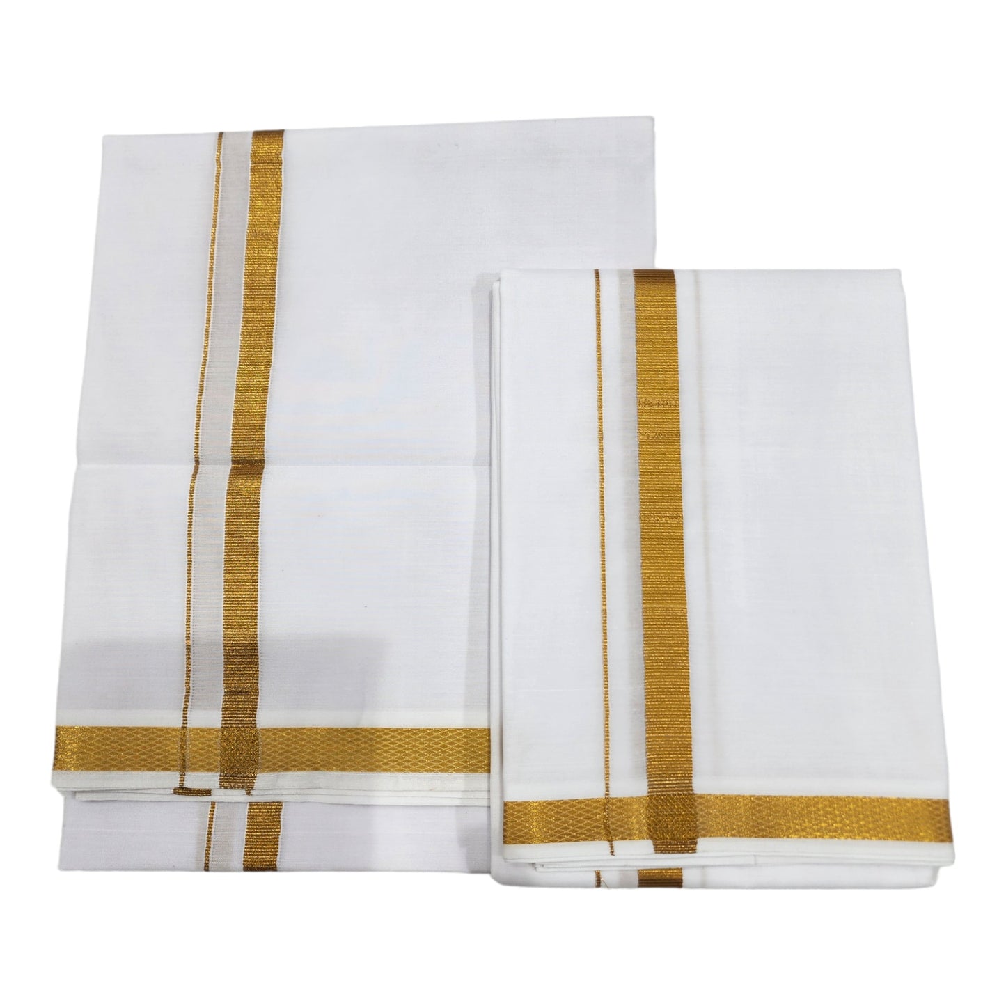 Mens Single Poly Cotton Dhoti 2Mts White with Gold Jari Border 1/2 & Towel (1.80mts) Set