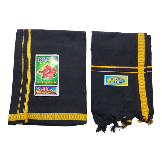 COTTON Mens Colour Single Pooja/Temple wear POLY Cotton dhoti Bentex Border and Angavastram Set (1.30X1.95 Meter Dhoti, 36X1.80 towel)