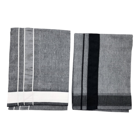 Men's Cotton Kerala Style Cotton Dhoti with Border/Length- 2.0mtr (Pack of 2 PC) Grey