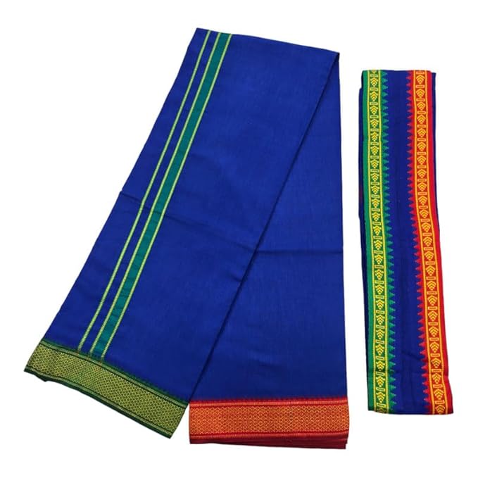 Men's Pure Cotton Colorful Single Dhoti - 2 MTR | SPL Padayappa (Mayilkan) Jari Border Single Dhoti | 4 Mulam Angavastam | Towel Set