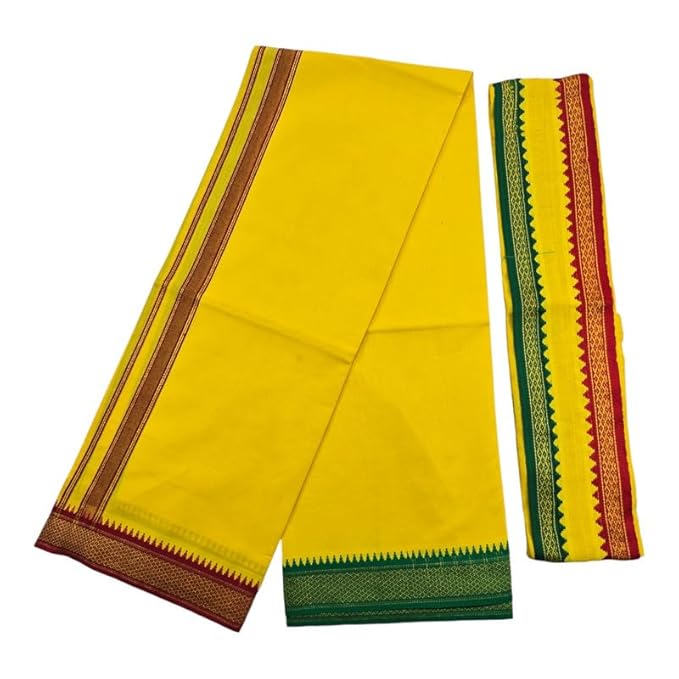 Men's Pure Cotton Colorful Single Dhoti - 2 MTR | SPL Padayappa (Mayilkan) Jari Border Single Dhoti | 4 Mulam Angavastam | Towel Set