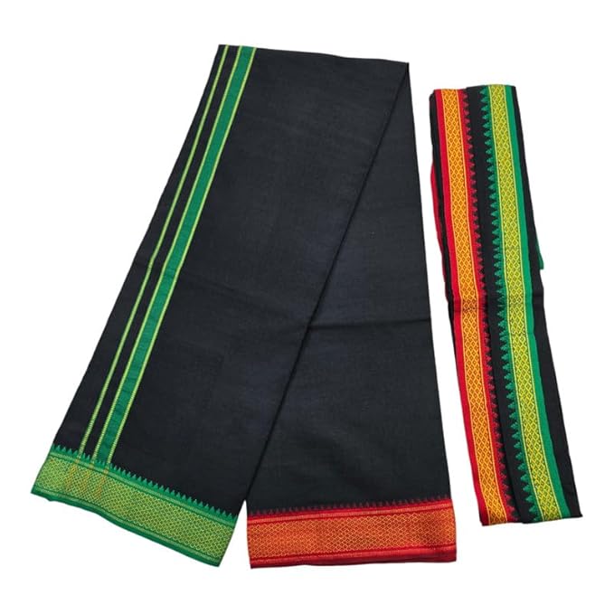 Men's Pure Cotton Colorful Single Dhoti - 2 MTR | SPL Padayappa (Mayilkan) Jari Border Single Dhoti | 4 Mulam Angavastam | Towel Set