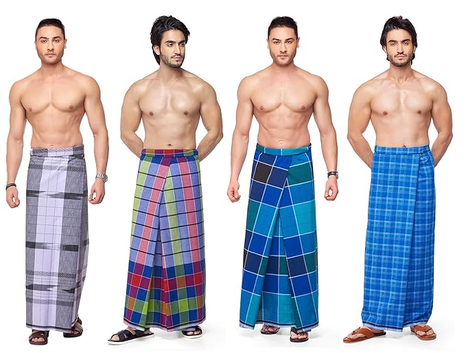 Nandu  Brand Men's Cotton Stitched Lungi - Ready to wear (Pattern & Design May Vary, Multicolour, Free Size (2.10Mtrs)) Premium Wear (PACK 4)