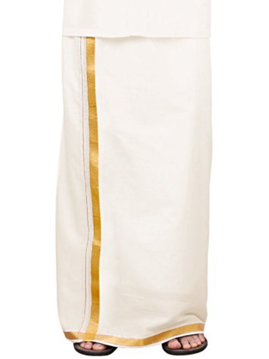 Cotton Men's Gold Jari Border Cream Double Dhoti (Cream, Free Size)