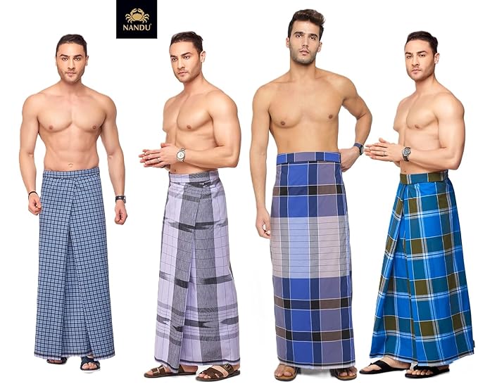 Nandu  Brand Men's Cotton Stitched Lungi - Ready to wear (Pattern & Design May Vary, Multicolour, Free Size (2.10Mtrs)) Premium Wear (PACK 4)