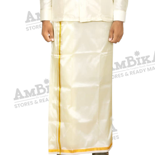 Mens Art Silk type Jari Dhoti/Double dhoti 1.28 x 3.50 Meter / 8 Mulam vesti (CREAM)