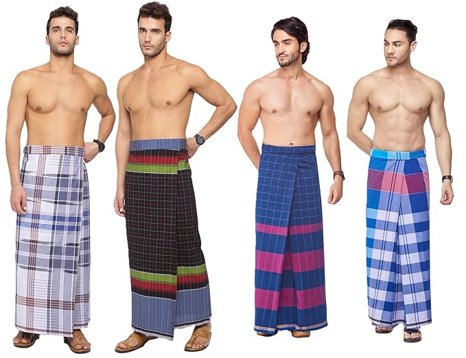 Nandu  Brand Men's Cotton Stitched Lungi - Ready to wear (Pattern & Design May Vary, Multicolour, Free Size (2.10Mtrs)) Premium Wear (PACK 4)