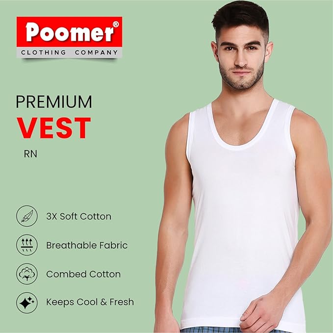 Poomer Premium Cotton Pure White Vest for Mens - Pack of 4