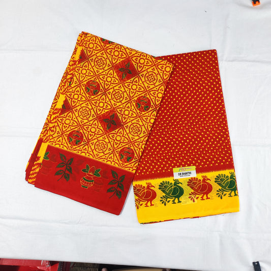 Women's Poly Cotton Printed Mazhai Vaanam Om Skathi Saree, Amman Swamy Women Saree with Unstitched Blouse Piece (YELLOW & RED)  (2pcs )