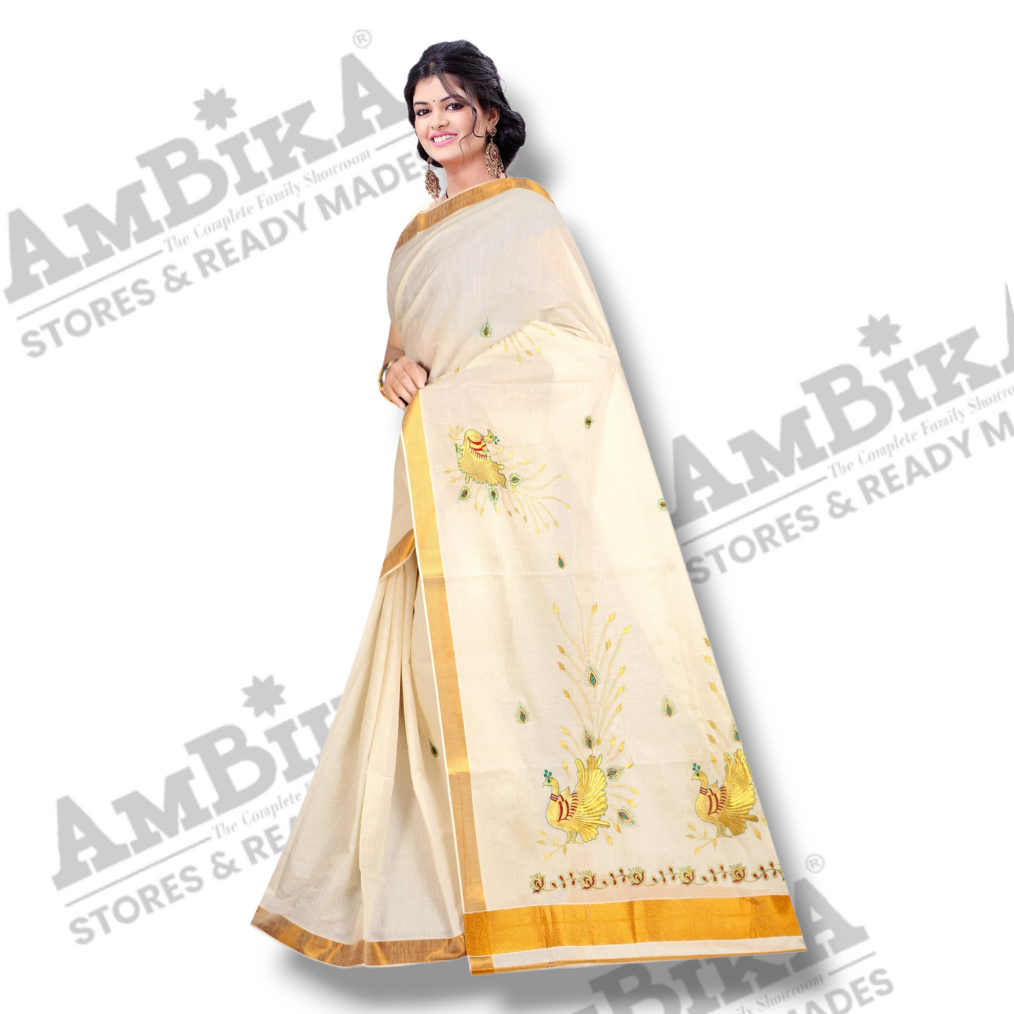 Kerala Kasavu Solid Plain Golden Zari Border Saree with Blouse Piece