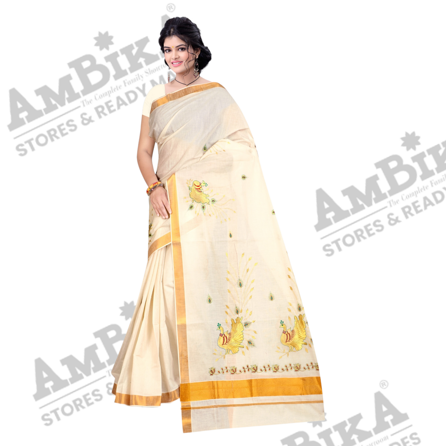 Kerala Kasavu Solid Plain Golden Zari Border Saree with Blouse Piece