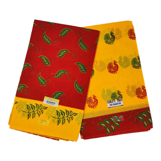 Women's Poly Cotton Printed Mazhai Vaanam Om Skathi Saree, Amman Swamy Women Saree with Unstitched Blouse Piece (YELLOW & RED) Design 3 (PACK OF 2pcs)