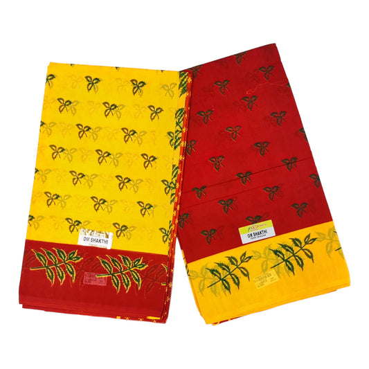 Women's Poly Cotton Printed Mazhai Vaanam Om Skathi Saree, Amman Swamy Women Saree with Unstitched Blouse Piece (YELLOW & RED) PACK OF 2pcs