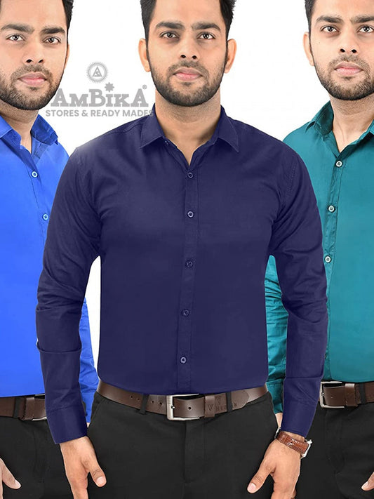 Men Casual Cotton Full Sleeves Slim Fit Shirts Plain [Sea Green, Royal Blue and Navy Blue]