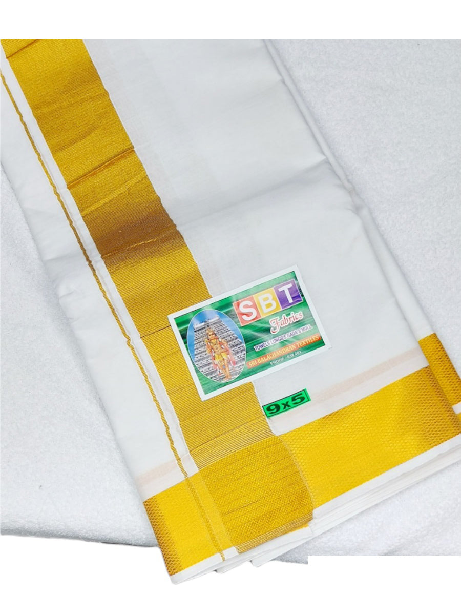 Cotton Mens Panjakejam White Dhoti With Gold Border & Towel set [9 X 5]