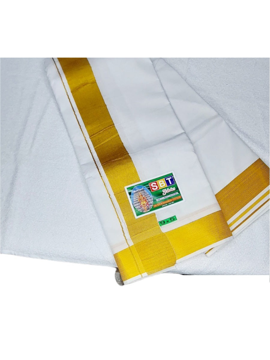 Cotton Mens Panjakejam White Dhoti With Gold Border & Towel set [9 X 5]