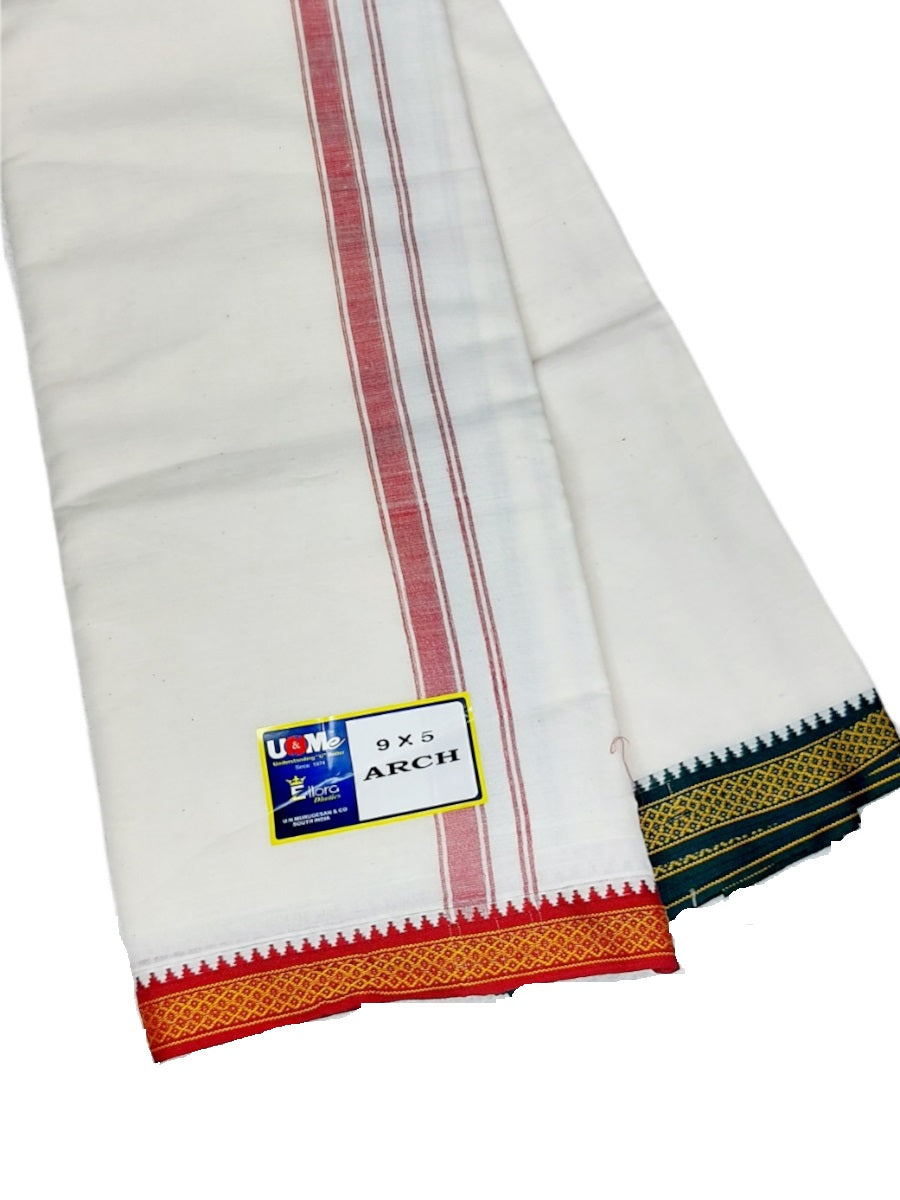 Cotton Mens Panjakejam White Dhoti Mayil Kan Border & Towel set [9 X 5]