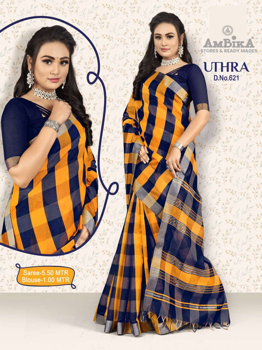 UTHRA SILK COTTON CHECKED SAREE  with Blouse Piece for Womens